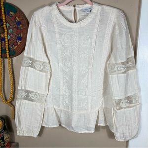 Calligraphie Cream Sheer Peplum Peasant  Lace Blouse Shirt Prarie Sz M